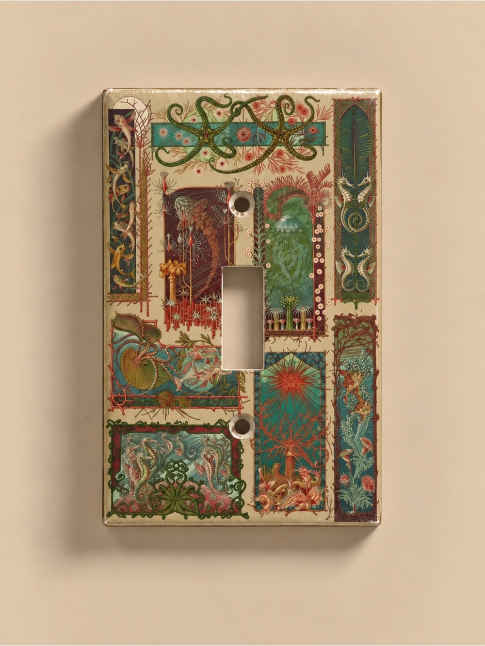 Hand made decorative Teal & Cream Single Toggle Switch Plate